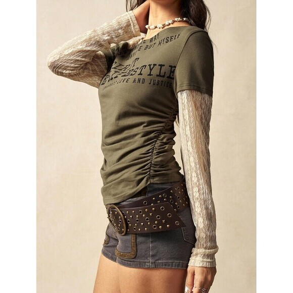 New Autumn Boho Casual Knit Contrast Lace Women Blouse - Picture 7 of 9